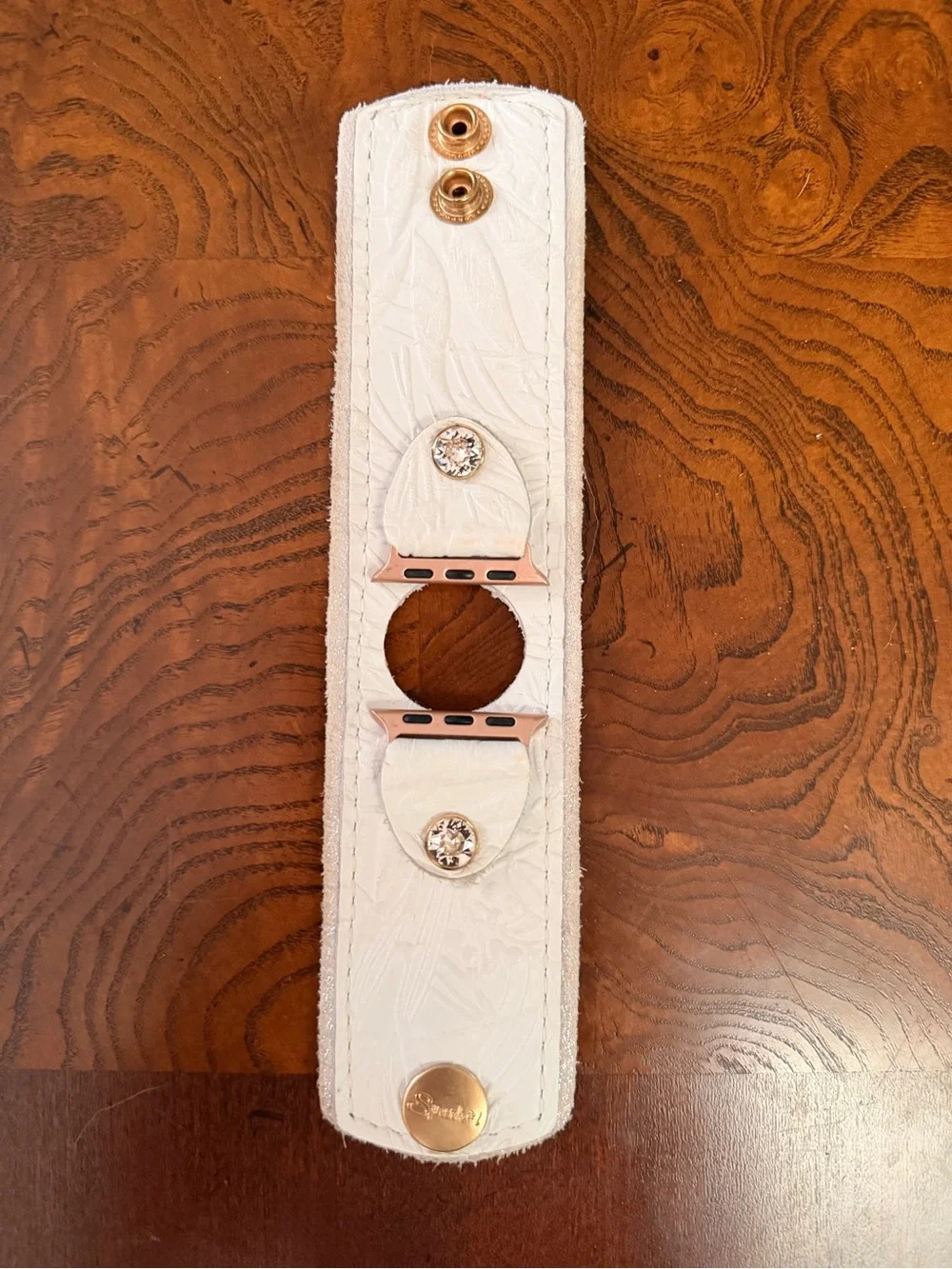 White Textured Leather Apple Watch Cuff band with Crystal Accents